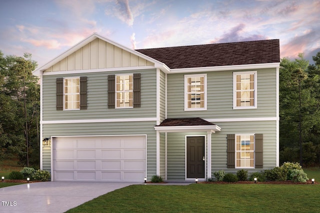 traditional home featuring concrete driveway, a front yard, board and batten siding, and an attached garage