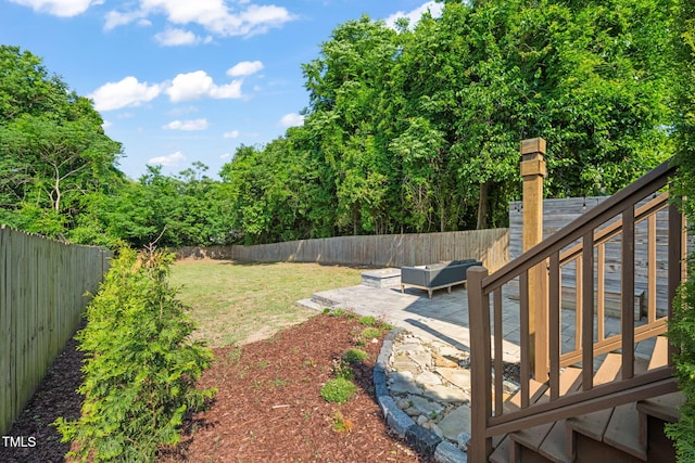 view of yard with a fenced backyard and a patio
