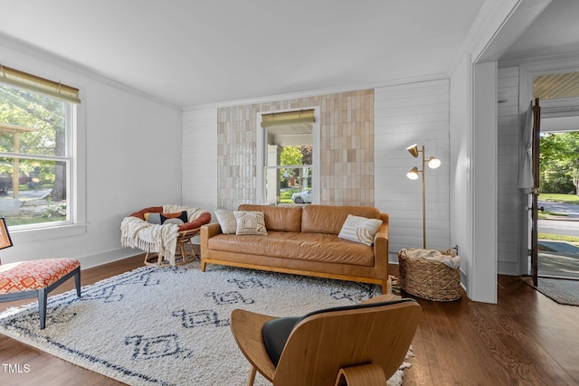 living area with wood finished floors and crown molding