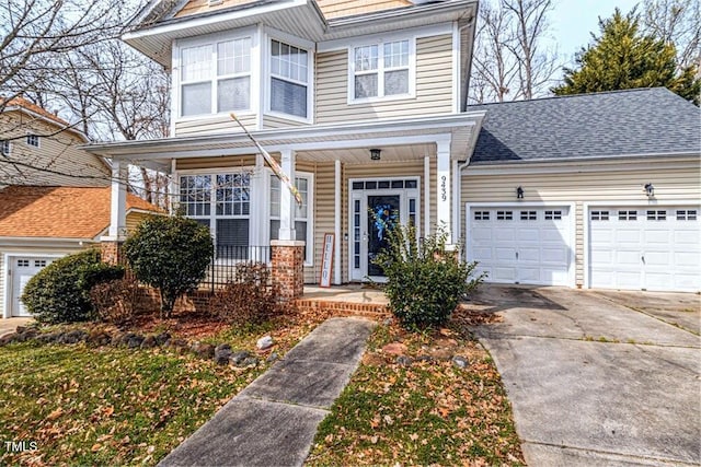 view of front of house featuring a porch, a garage, driveway, and roof with shingles