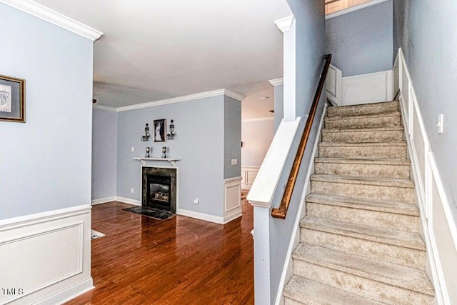 stairs featuring crown molding, a decorative wall, a fireplace with flush hearth, wood finished floors, and wainscoting
