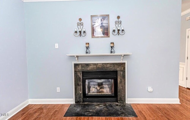 room details with a premium fireplace, baseboards, and wood finished floors