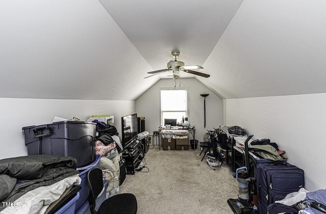bonus room with ceiling fan, light colored carpet, and lofted ceiling