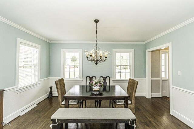 dining space featuring ornamental molding, an inviting chandelier, and a healthy amount of sunlight