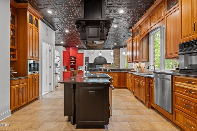 kitchen with glass insert cabinets, a sink, an ornate ceiling, dishwasher, and backsplash