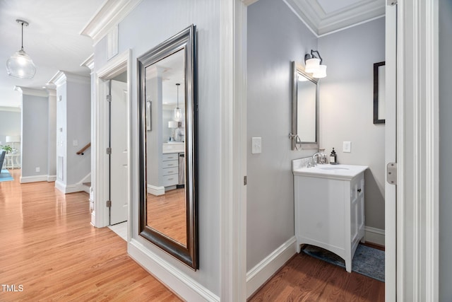 bathroom with crown molding, wood finished floors, vanity, and baseboards