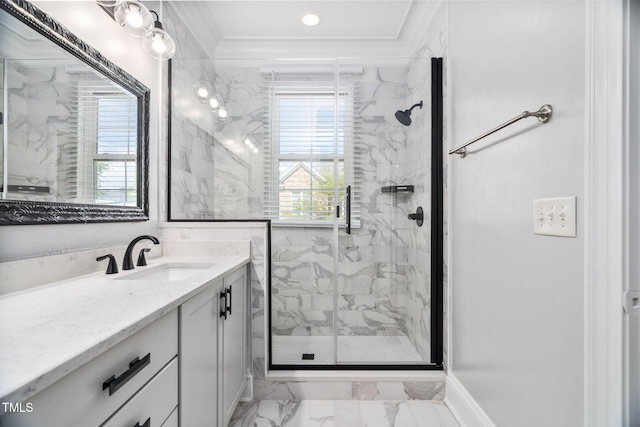 bathroom featuring a marble finish shower, ornamental molding, marble finish floor, and vanity