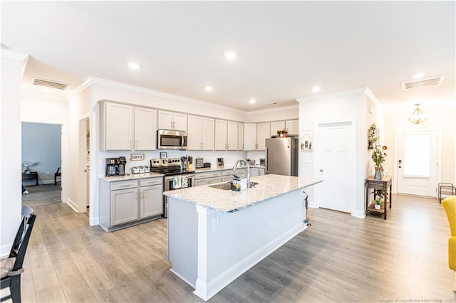 kitchen featuring stainless steel appliances, visible vents, a sink, and a center island with sink
