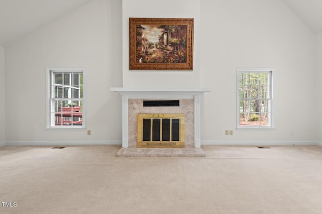 6321 Malvern Ln, Hillsborough, NC 27278 - unfurnished living room with high vaulted ceiling, carpet, a fireplace, and baseboards