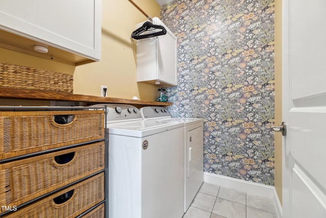 1209 Big Field Dr, Castle Hayne, NC 28429 - laundry area featuring baseboards, independent washer and dryer, wallpapered walls, cabinet space, and light tile patterned flooring