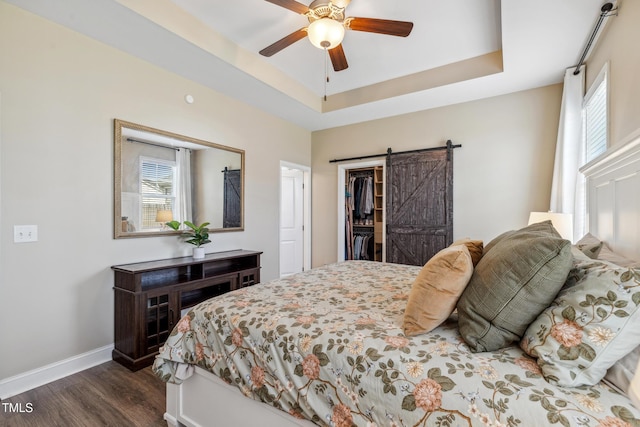 1209 Big Field Dr, Castle Hayne, NC 28429 - bedroom with baseboards, a barn door, a spacious closet, a tray ceiling, and dark wood-type flooring