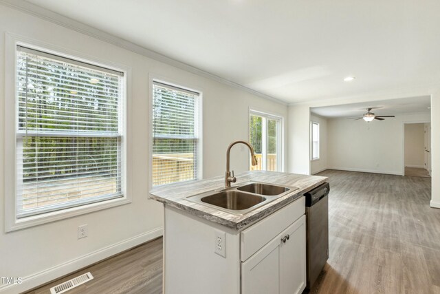 7120 Guess Rd, Hillsborough, NC 27278 - kitchen with stainless steel dishwasher, a sink, visible vents, baseboards, and an island with sink