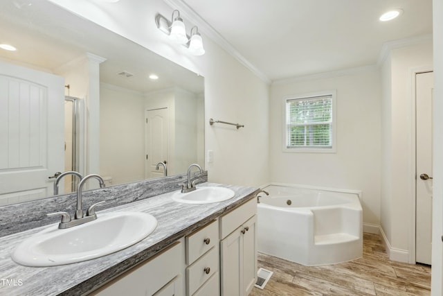 7120 Guess Rd, Hillsborough, NC 27278 - full bath with crown molding, a sink, wood finished floors, and visible vents