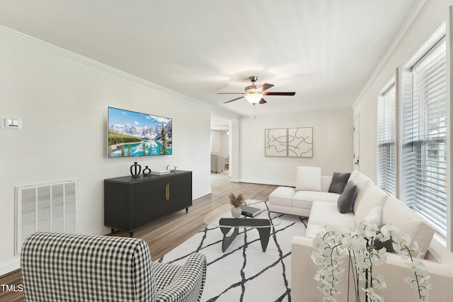 7120 Guess Rd, Hillsborough, NC 27278 - living room featuring crown molding, a ceiling fan, visible vents, and wood finished floors