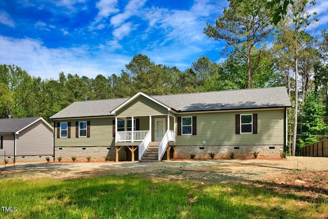 7120 Guess Rd, Hillsborough, NC 27278 - view of front facade featuring covered porch, stairway, roof with shingles, and crawl space