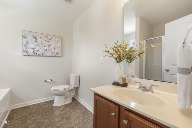 4817 Quarryman Rd, Raleigh, NC 27610 - bathroom featuring a shower stall, vanity, baseboards, and toilet