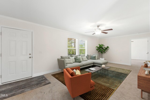 7122 Guess Rd, Hillsborough, NC 27278 - carpeted living area with a ceiling fan, ornamental molding, and baseboards