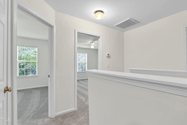 hallway with plenty of natural light, visible vents, and carpet