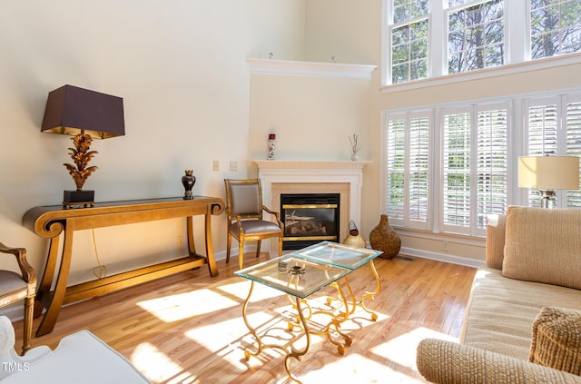 113 Beeley Ct, Cary, NC 27519 - living area with a glass covered fireplace, a towering ceiling, baseboards, visible vents, and wood finished floors