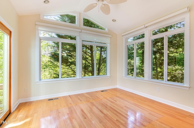 113 Beeley Ct, Cary, NC 27519 - unfurnished sunroom featuring wood finished floors, baseboards, lofted ceiling, and visible vents