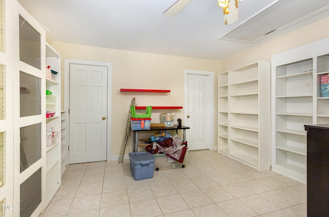 113 Beeley Ct, Cary, NC 27519 - storage room featuring ceiling fan and attic access