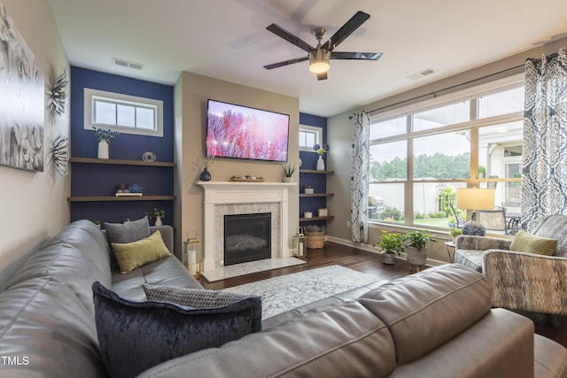 1005 Vesper Ct, Durham, NC 27703 - living room featuring ceiling fan, wood finished floors, a high end fireplace, and baseboards