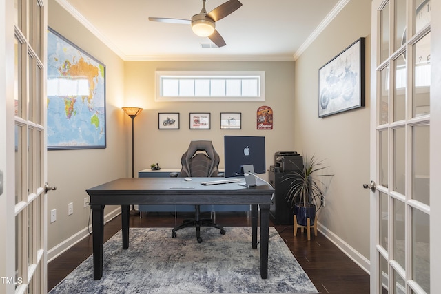 1005 Vesper Ct, Durham, NC 27703 - office area with french doors, dark wood finished floors, ornamental molding, and baseboards