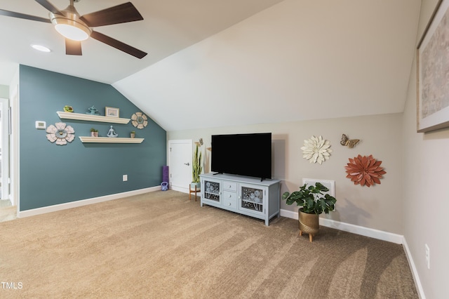 1005 Vesper Ct, Durham, NC 27703 - living area featuring lofted ceiling, carpet, a ceiling fan, and baseboards