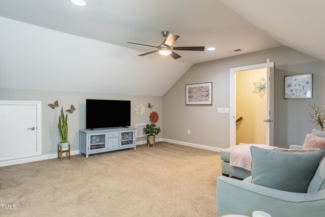 1005 Vesper Ct, Durham, NC 27703 - carpeted living area featuring lofted ceiling, ceiling fan, baseboards, and recessed lighting