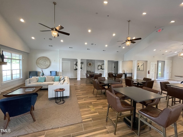 1005 Vesper Ct, Durham, NC 27703 - dining space featuring a ceiling fan, wood finished floors, high vaulted ceiling, decorative columns, and recessed lighting