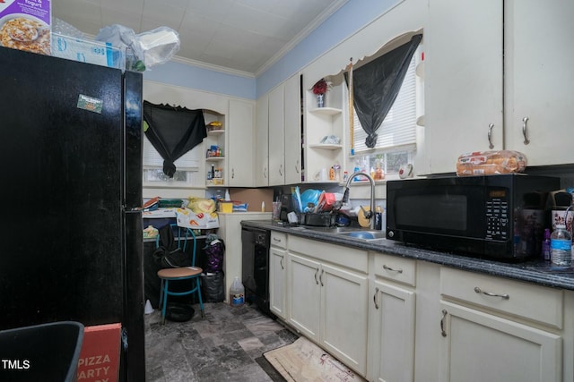 kitchen featuring open shelves, a sink, ornamental molding, dark countertops, and black appliances