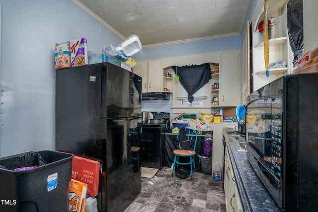 kitchen featuring ornamental molding, white cabinets, open shelves, black appliances, and under cabinet range hood