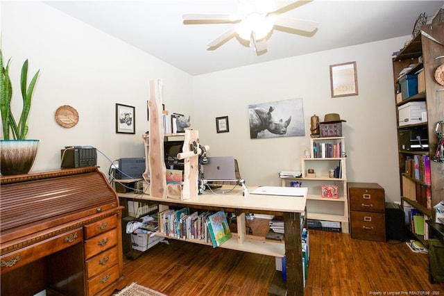home office featuring ceiling fan and wood finished floors