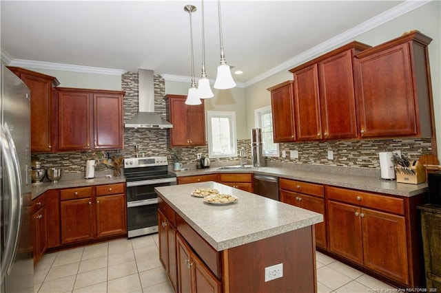 kitchen with tasteful backsplash, a center island, a sink, wall chimney range hood, and stainless steel appliances
