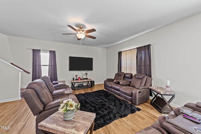 95 Shady Creek Trl, Garner, NC 27529 - living room with wood finished floors, a ceiling fan, and baseboards