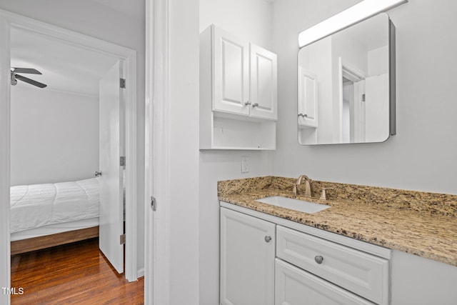 bathroom featuring vanity, wood finished floors, and ceiling fan
