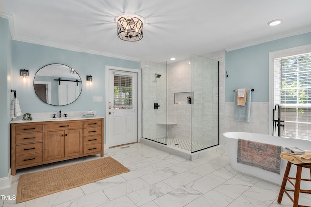 bathroom with a freestanding tub, ornamental molding, vanity, marble finish floor, and a stall shower