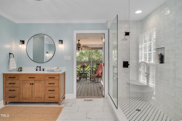 full bath with ornamental molding, tiled shower, marble finish floor, and vanity