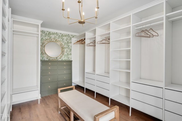 spacious closet with a chandelier and wood finished floors