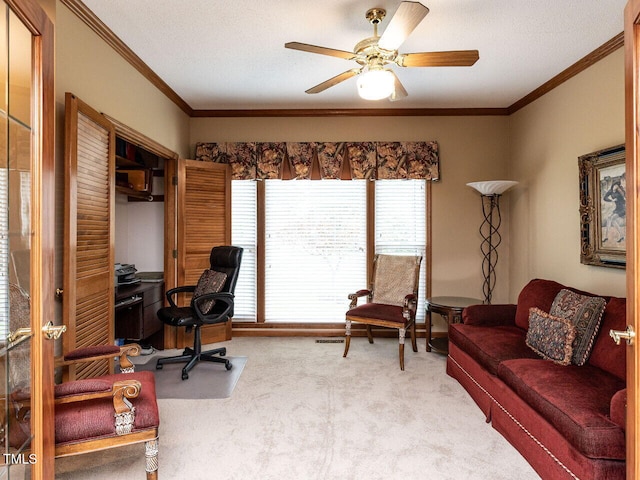 422 Old Scarborough Ln, Garner, NC 27529 - carpeted office space featuring crown molding, ceiling fan, and a textured ceiling