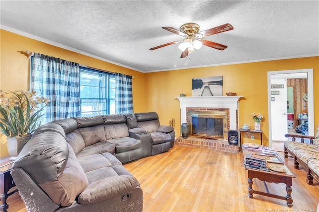 living room with wood finished floors, a textured ceiling, ornamental molding, and ceiling fan