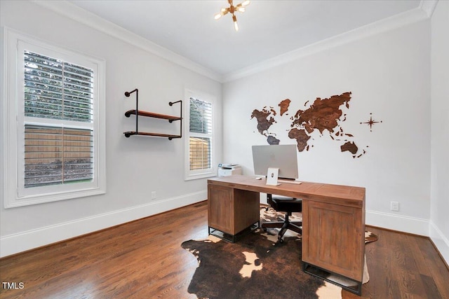 office space with baseboards, crown molding, and dark wood finished floors