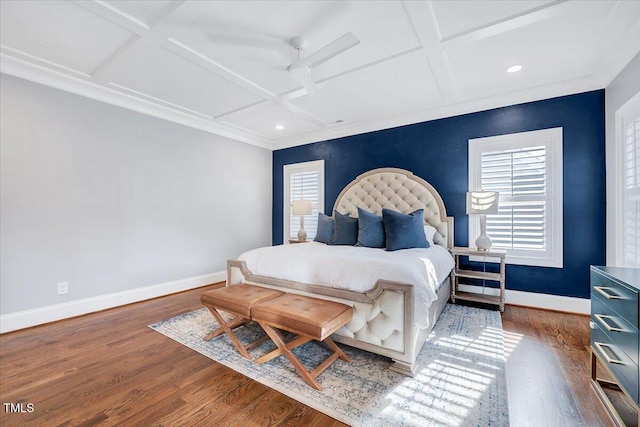 bedroom featuring baseboards, recessed lighting, a ceiling fan, coffered ceiling, and wood finished floors