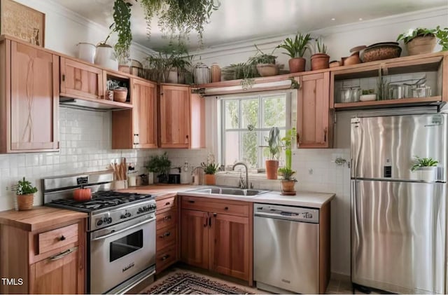 kitchen featuring open shelves, a sink, decorative backsplash, appliances with stainless steel finishes, and ornamental molding