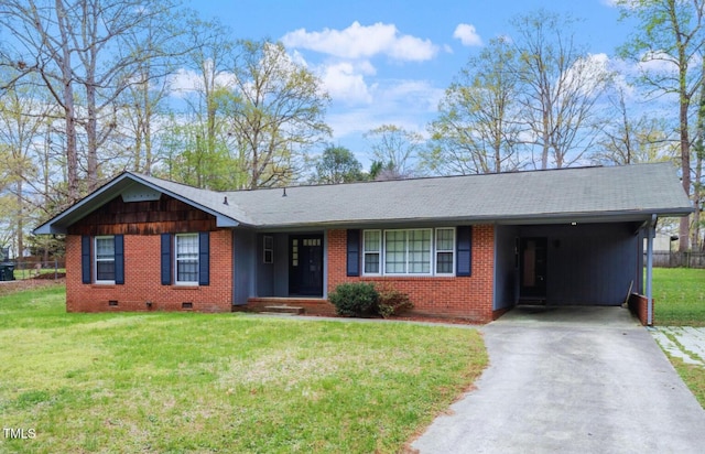 1813 Grady Dr, Durham, NC 27712 - single story home with crawl space, asphalt driveway, brick siding, and a front yard