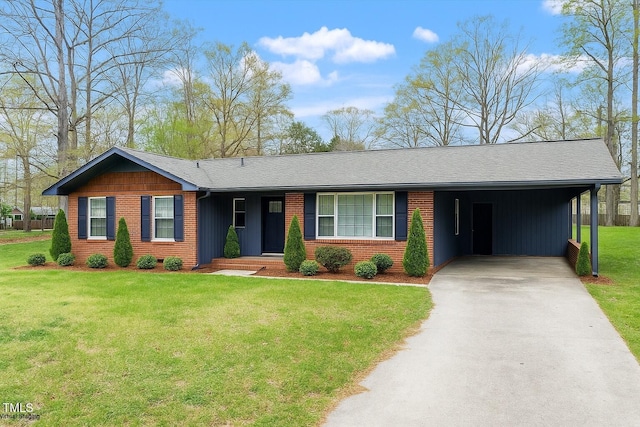 1813 Grady Dr, Durham, NC 27712 - ranch-style house featuring driveway, brick siding, a carport, a front yard, and roof with shingles