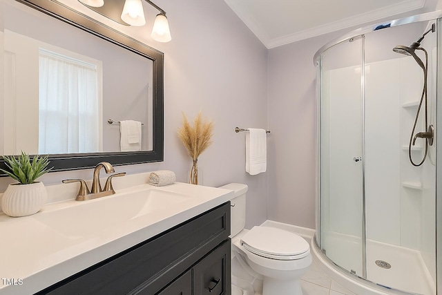 1813 Grady Dr, Durham, NC 27712 - bathroom featuring crown molding, a shower stall, vanity, and tile patterned floors