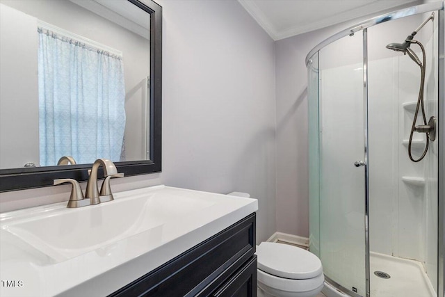 1813 Grady Dr, Durham, NC 27712 - bathroom featuring a shower stall, vanity, and crown molding