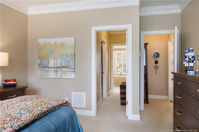 308 St Martins Pl, Fayetteville, NC 28311 - bedroom with baseboards, visible vents, light colored carpet, and crown molding