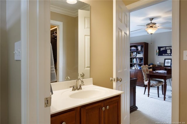 308 St Martins Pl, Fayetteville, NC 28311 - bathroom with ceiling fan, ornamental molding, and vanity